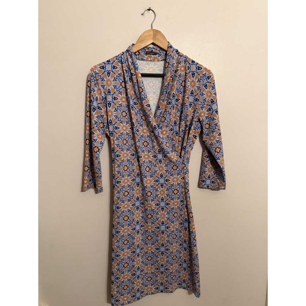 J. McLaughlin Women's Blue Floral Faux Wrap Dress 3/4 Sleeves Stretch Size Small